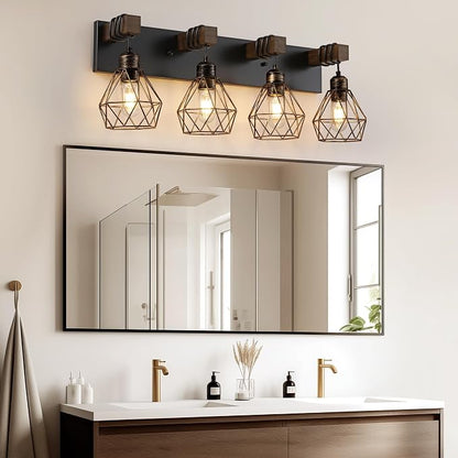 VbiTmn Black Gold Bathroom Light Fixtures, 4-Light Farmhouse Vanity Light | Wood Vanity Lights, Rustic Wall Mount Over Mirror for Bedroom & Hallway, Easy to Install, Sturdy Build for Bathroom Use