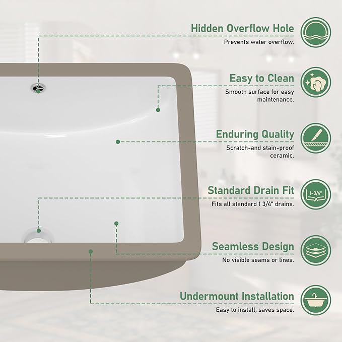 Undermount Bathroom Sink 21x15 Inch White Rectangle Porcelain Vessel Sinks with Curves Bottom Deep Basin with Overflow Lavatory Vanity Sink Mounted Under the Counter