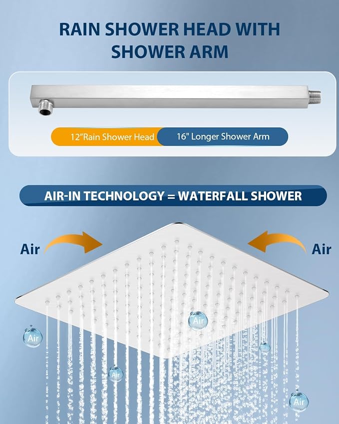 All Metal Rainfall Shower Head with Extension Arm Brushed Nickel, 12" Large Rain Square Showerhead with 16" Shower Arm All Stainless Steel, 144 Silicone Nozzles Waterfall Full Body Coverage