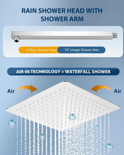 All Metal Rainfall Shower Head with Extension Arm Brushed Nickel, 12" Large Rain Square Showerhead with 16" Shower Arm All Stainless Steel, 144 Silicone Nozzles Waterfall Full Body Coverage