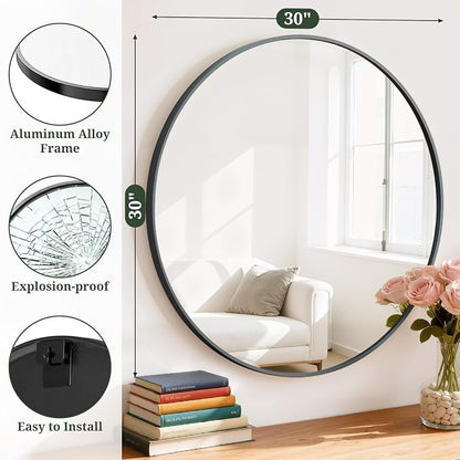 Round Wall Mirror 30 Inch Black Vanity Mirror with Metal Frame | Modern Circle Wall Mounted Decorative Mirrors for Bathroom, Entryway, Bedroom, Living Room