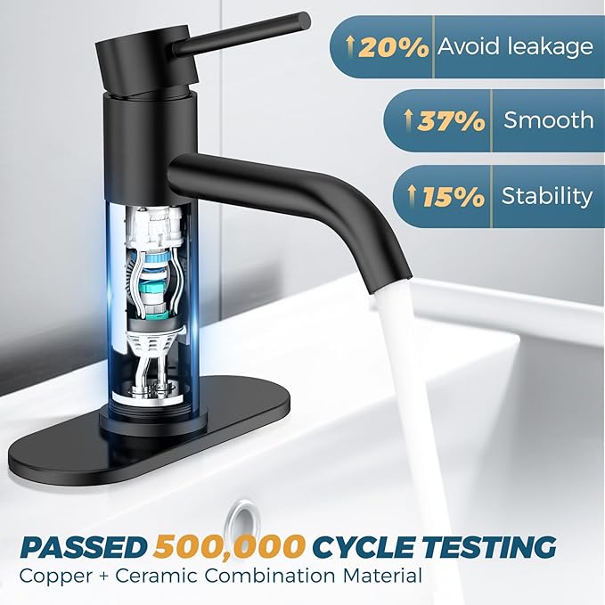 FORIOUS Matte Black Bathroom Faucets 1 Hole, Lead-Free, Bathroom Sink Faucet with Pop up Drain and Supply Hose for Sink, Vanity, RV, Lavatory, Suitable for 1 or 3 Holes