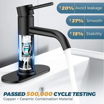 FORIOUS Matte Black Bathroom Faucets 1 Hole, Lead-Free, Bathroom Sink Faucet with Pop up Drain and Supply Hose for Sink, Vanity, RV, Lavatory, Suitable for 1 or 3 Holes