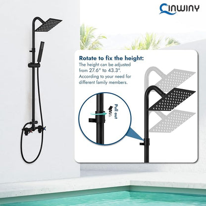 Wall Mounted Outdoor Shower Kit,Outdoor Shower Faucet,Matte Black | 6-Inch Square Rainfall Shower Head with Handheld Spray, Adjustable Slide Bar & Dual Function Design for Flexible Outdoor Use