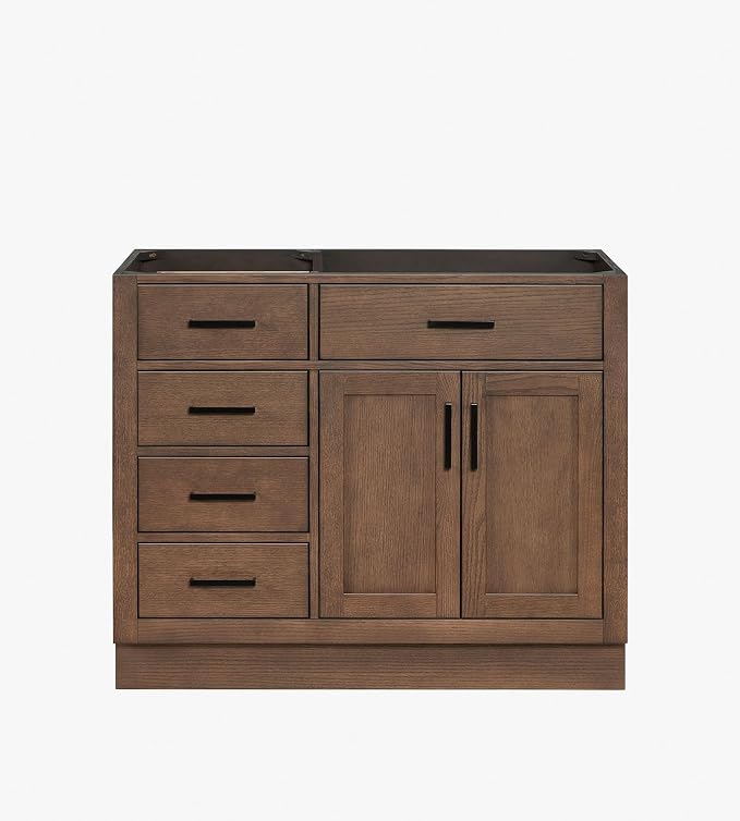 ARIEL Hepburn 42-inch Bathroom Vanity Base Cabinet,Solid Wood, 2 Soft Closing Doors, 5 Dovetail Drawers, Brown Oak