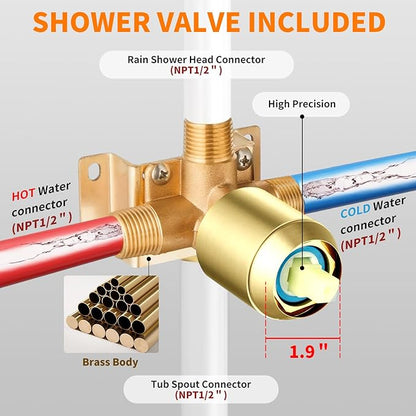 Brushed Gold Tub Shower Faucet Set Complete with 8-Inch Rainfall Shower Head and Tub Spout Included Shower Valve Tub Shower Trim Kit Matte Black