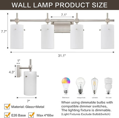 SOLFART 4 Light Bathroom Vanity Lights Over Mirror, Vintage Bathroom Lighting Brushed Nickel Wall Sconce with Milky White Glass Shade