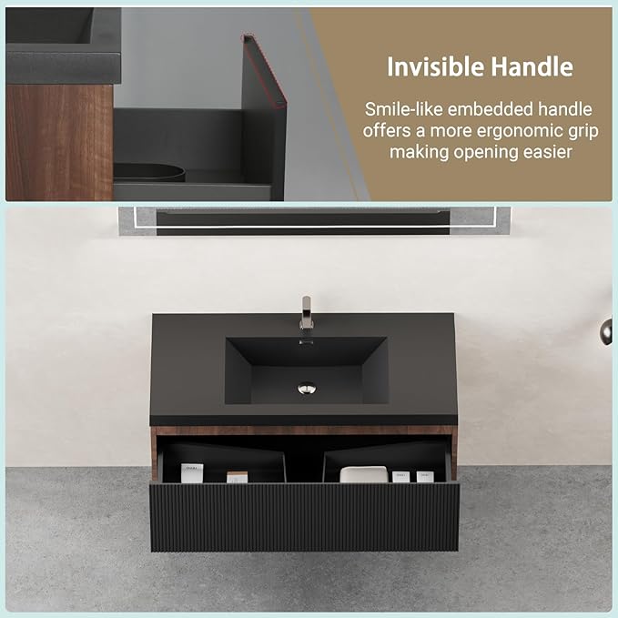 Wall Mounted Bathroom Sink Vanity, Modern 42" Floating Vanity with Resin Top Basin Sink and U-Shaped Soft-Close Storage Drawer, Striped Bathroom Storage Cabinet with Invisible Handle, Black