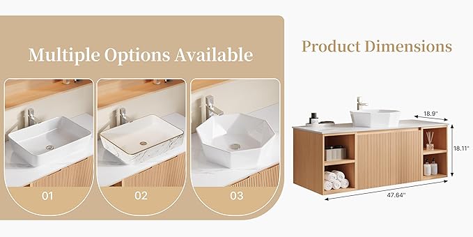 48" Floating Bathroom Vanity with Sink, Modern Vanity Cabinet with Sintered Stone Countertop, Wall Mount Bathroom Sink with Storage, Ceramic Basin, Light Wood (Polygon)