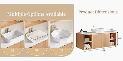 48" Floating Bathroom Vanity with Sink, Modern Vanity Cabinet with Sintered Stone Countertop, Wall Mount Bathroom Sink with Storage, Ceramic Basin, Light Wood (Polygon)
