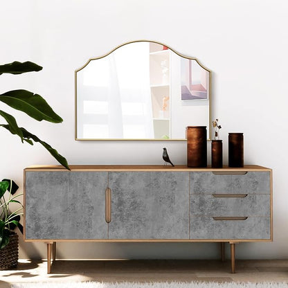 Besdomus Gold Wooden Vanity Mirror: 32"x24" Bathroom Mirrors for Over Sink | Scalloped Modern Minimalist Decorative Wall Mirror for Dresser/Mantel/Bedroom/Entryway/Fireplace/Nightstand/Dining Room
