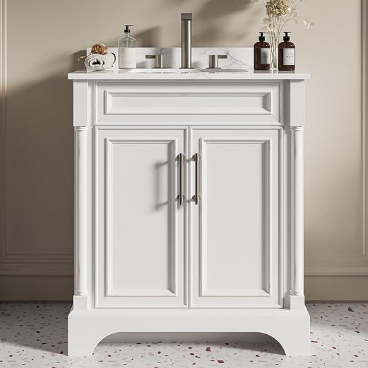 LIKIMIO 30" Bathroom Vanity with Sink, Freestanding Bathroom Vanity with 2 Soft-Close Doors, Engineered Stone Countertop & Undermount Ceramic Sink, Transitional Bathroom Vanity, Easy Assembly, White