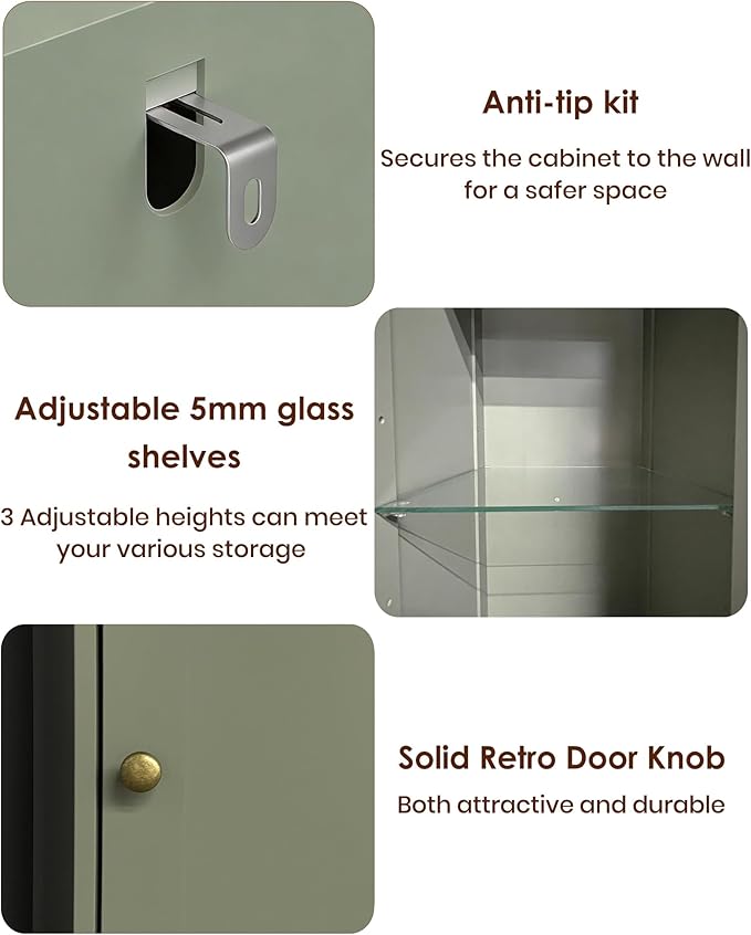 HAIOOU 67" Tall Bathroom Storage Cabinet with Light,11.8"W Narrow Bathroom Cabinet with Adjustable Glass Shelves,Slim Freestanding Cabinet for Small Spaces,Skinny Cabinet for Kitchen,Living Room Green