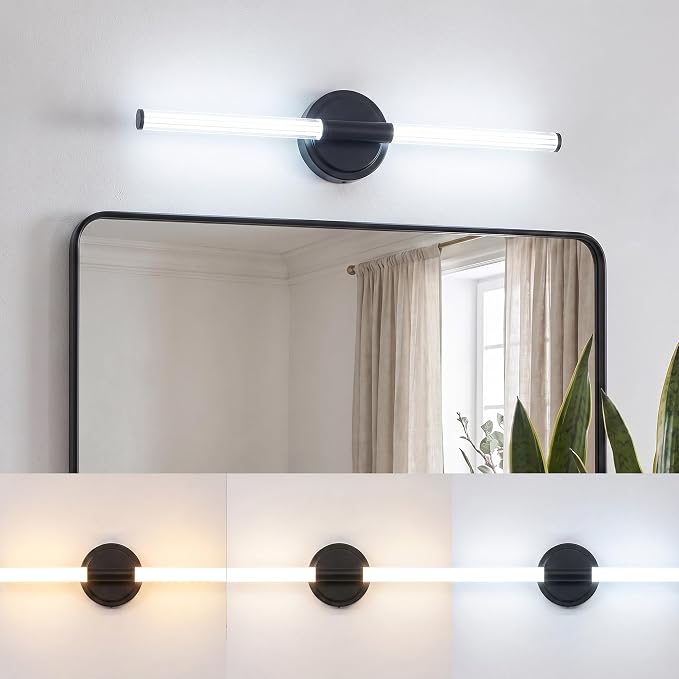 URSOLA 24" Modern LED Bathroom Light Fixtures, Matte Black 3CCT Dimmable Bathroom Vanity Light Over Mirror, Bathroom Vanity Bath Bar Lights with 360° Removable Acrylic Light Tube
