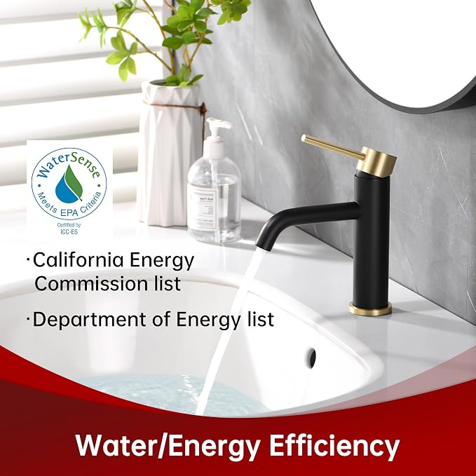 SUMERAIN Modern Single Handle Bathroom Sink Faucet, Black and Gold | Single Hole, Lead-Free, Stainless Steel, with Faucet Supply Lines, Easy DIY Install