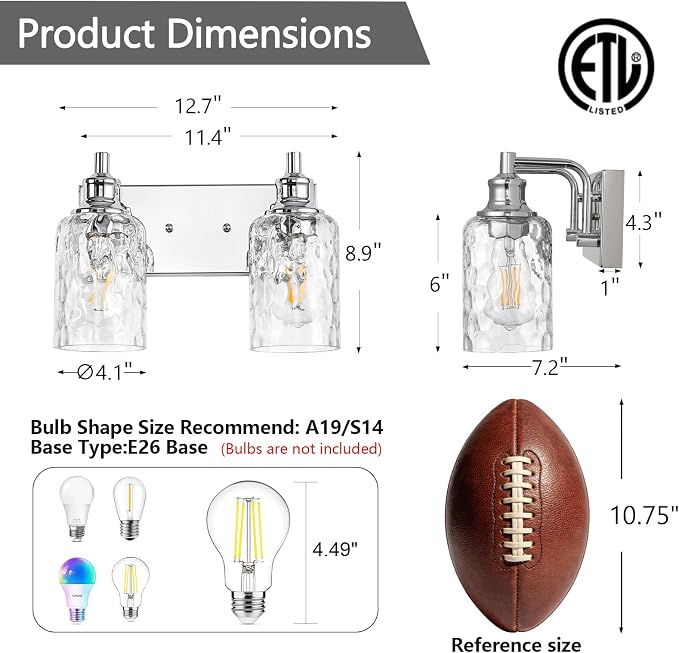 Bathroom Light Fixtures Over Mirror, 2 Lights Vanity Lights with Hammered Glass Shade, 12.7" Chrome Farmhouse Bathroom Light Fixtures for Bedroom, Porch, Hotel, Mirror Cabinet