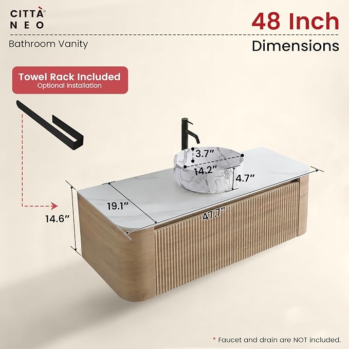 48" Floating Bathroom Vanity with Carrara Finish Sink, Honey Oak | Pre-Assembled Fluted Wall Mounted Vanity with Ceramic Vessel Sink, Rounded Edges, Soft-Close Drawer & Towel Rack