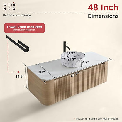 48" Floating Bathroom Vanity with Carrara Finish Sink, Honey Oak | Pre-Assembled Fluted Wall Mounted Vanity with Ceramic Vessel Sink, Rounded Edges, Soft-Close Drawer & Towel Rack