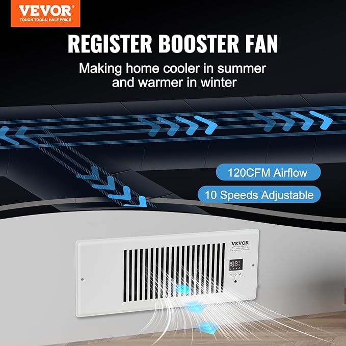 VEVOR Register Booster Fan, Quiet Vent Booster Fan Fits 4” x 12” Register Holes, with Remote Control and Thermostat Control, Adjustable 10-Speed for Heating Cooling Smart Vent, White