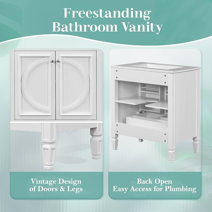 Christopher Knight Home Benton 30" Bathroom Vanity with Ceramic Sink, Rubberwood Frame, Adjustable Shelves, Soft Close Door Hinges, Storage Cabinet with 2-Tier Door Organizer, 1 Drawer, White