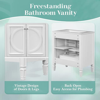 Christopher Knight Home Benton 30" Bathroom Vanity with Ceramic Sink, Rubberwood Frame, Adjustable Shelves, Soft Close Door Hinges, Storage Cabinet with 2-Tier Door Organizer, 1 Drawer, White