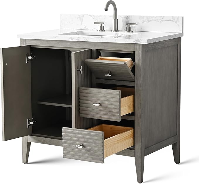 Vanity Art 36 inch Bathroom Vanity with Single Sink & Ceramic Top, Vanity Cabinet with Soft-Closing Door, Solid Wood Frame, Linear Pattern, Driftwood Gray, VA9136-DG-MB,Matte Black Handles