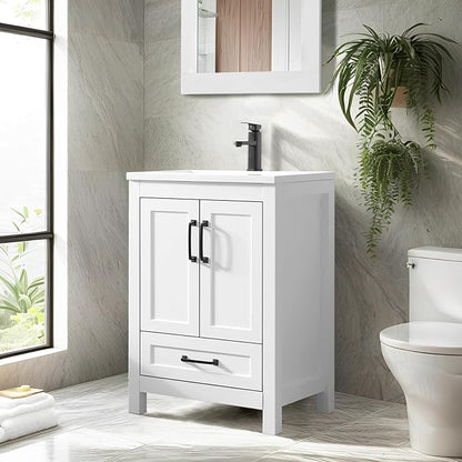 eclife 24" Bathroom Vanities with Sink Combo, Modern Thickened Wood Bathroom Storage Cabinet w/Undermount Sink, Matte Black Faucet Drain, Painted Surface, White