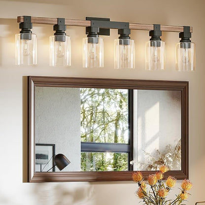 6 Light Bathroom Vanity Light 41in with Glass Shade, Farmhouse Vanity Light for Bathroom Light fixtures Over Mirror, Round Rustic Brown