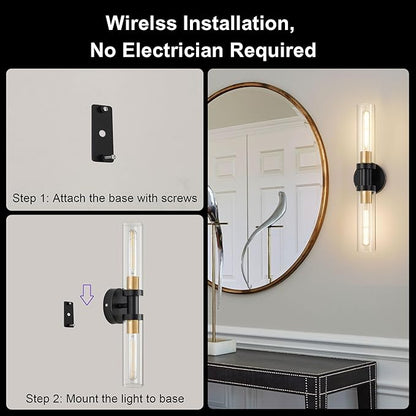 Battery Operated Wall Sconce Set of 2, 12000mAh Rechargeable Wall Lights with Remote Control, Wireless Dimmable Wall Lamps for Bedroom Living Room Bathroom Hallway Stairwell, Black & Gold