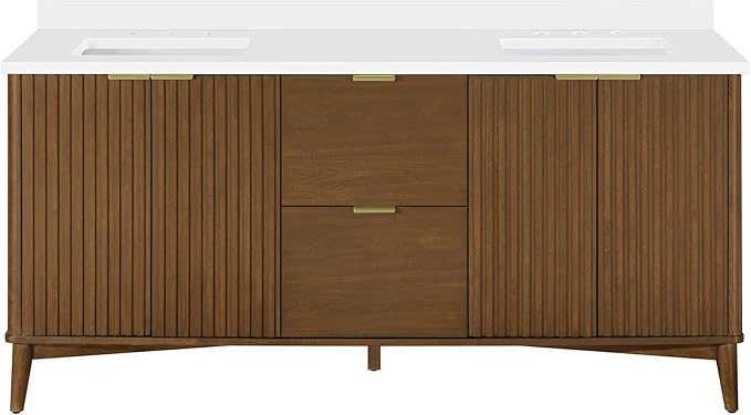OVE Decors Indy 72 in. Undermount Double Sink Bathroom Vanity with White Engineered Marble Top, Warm Walnut
