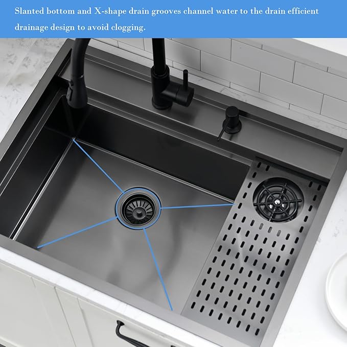 33 Inch Black Drop In Kitchen Sink Workstation with Glass Rinser -VOKIM 33x22 Drop In sink Workstation Stainless Steel 16 Gauge Deep Single Bowl Kitchen Sink with Cup Washer