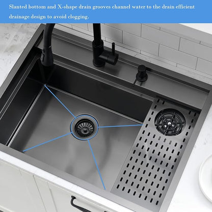 33 Inch Black Drop In Kitchen Sink Workstation with Glass Rinser -VOKIM 33x22 Drop In sink Workstation Stainless Steel 16 Gauge Deep Single Bowl Kitchen Sink with Cup Washer