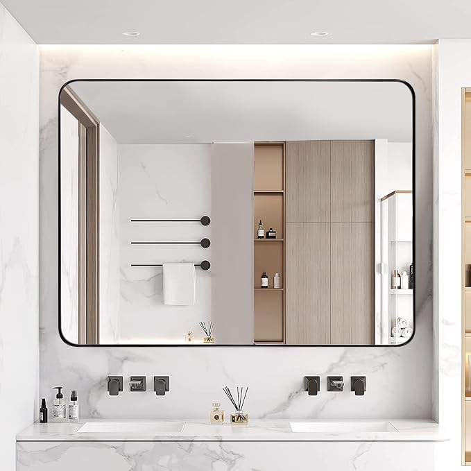 Wall Mirror for Bathroom, 30x36 Matte Black Bathroom Mirror, Modern Stainless Steel Metal Frame Rounded Corner Rectangle Mirror for Vanity