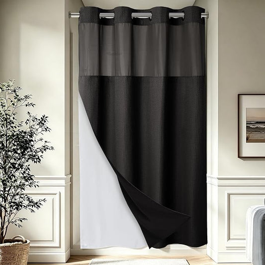 EUTXL Heavyweight No Hook Shower Curtain with Liner, Black, 54x74 | Snap in Liner, Thick Waffle Fabric, Hotel Quality, Corner Magnets, Waterproof & Washable