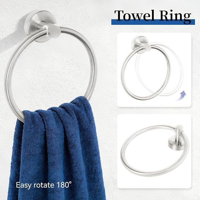 HOMOTEK 4 Pieces Bathroom Accessories Hardware Set, 24 inch Towel Bar, Towel Ring, Robe Hook, Toilet Paper Holder, Stainless Steel Rack Kit Wall Mounted, Brushed Stainless Steel