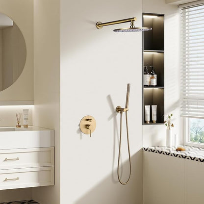 TRUSTMI 12" Pressure Balance Rain Shower System with Handheld, Brushed Gold | Rain shower faucet with cUPC valve and handheld spray. Prevents scalding, ideal for safe modern bathroom upgrades