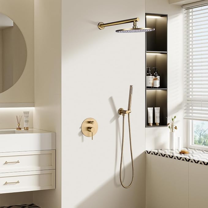 TRUSTMI 10" Pressure Balance Rain Shower System with Handheld, Brushed Gold | Rain shower faucet with cUPC valve and handheld spray. Prevents scalding, ideal for safe modern bathroom upgrades
