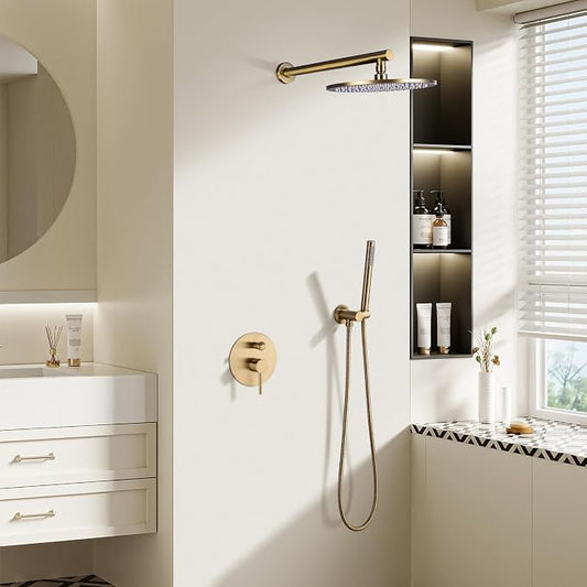 TRUSTMI 10" Pressure Balance Rain Shower System with Handheld, Brushed Gold | Rain shower faucet with cUPC valve and handheld spray. Prevents scalding, ideal for safe modern bathroom upgrades