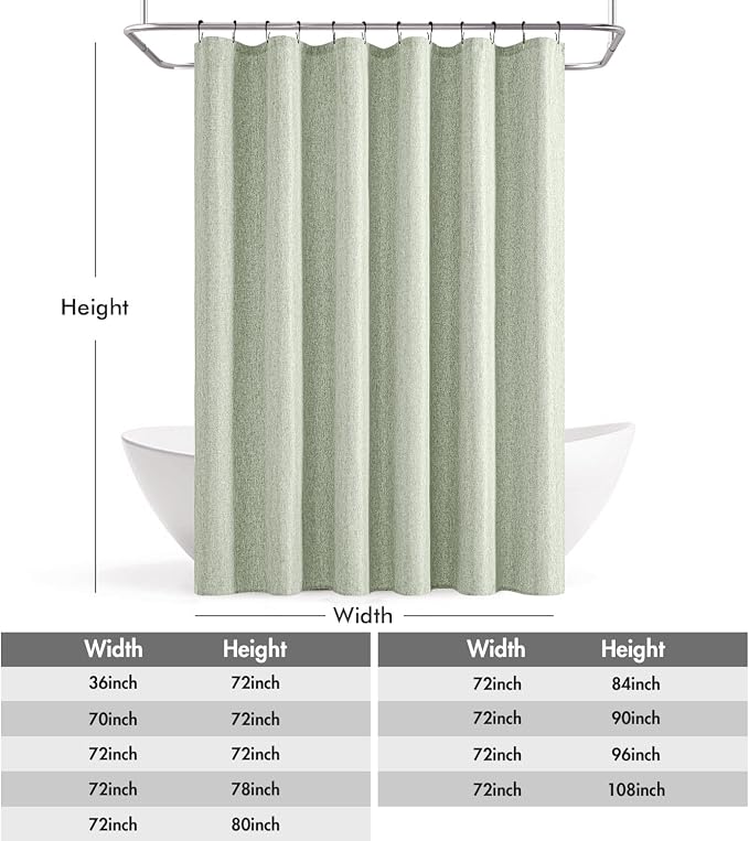 ANRODUO Sage Green Linen Textured Fabric Shower Curtain Set - W72xL80 | Farmhouse Shower Curtain with 12 Metal Hooks, Waterproof Heavy Duty, Button Hole Design, Machine Washable for Bathroom