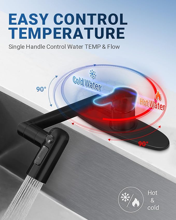 Single Handle Bathroom Faucet, 1080° Swivel Rotatable Faucet with 6'' Deck Plate, Short Bath Sink Faucets for Kitchen Rv Bath Lavatory Sink 1 or 3 Hole, Matte Black