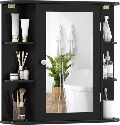 GIANTEX Bathroom Mirror Cabinet (Black) | Wall Mounted Medicine Cabinet with Mirrored Door & 4 Interior Shelves, 6 Open Shelves, Space-saving Storage Cabinet