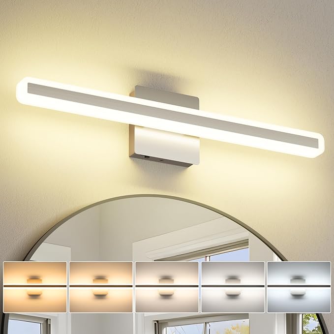 JUSHENG Brushed Nickel Vanity Lights for Bathroom, 5CCT Dimmable Vanity Light Bar, Modern LED Bathroom Lighting Fixtures Above Mirror 24'' Inch 20W