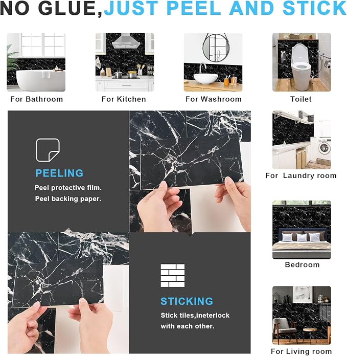 URCOLOR 64-Piece Peel and Stick Backsplash Wall Tile, 4"x 8" PVC Glossy Black Marble Stick on Subway Tiles for Kitchen, Bathroom, Laundry Room, Camper, Fireplace