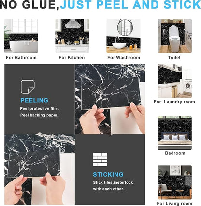 URCOLOR 32-Piece Peel and Stick Backsplash Wall Tile, 4"x 8" PVC Glossy Black Marble Stick on Subway Tiles for Kitchen, Bathroom, Laundry Room, Camper, Fireplace