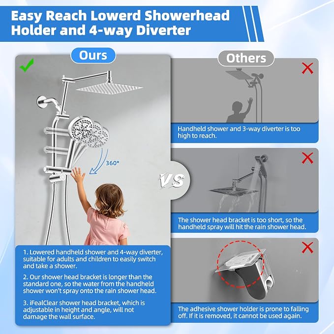 Metal 10" Rain Shower Head with Handheld, 10-Mode with Filter, Easy Reach | Chrome, High-Pressure Rainfall Showerhead, Upgraded 4-Way Diverter Pause Mode, Adjustable 16" Extension Arm/71" Hose/Holder