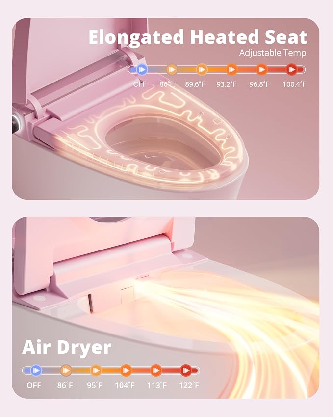 CANEST Pink Smart Toilet with Bidet Built In, Auto Open, Auto Temp Control | Dual Flush with Tank, ADA Comfort Height, Smart Temp Control, Warm Air Dryer, Remote Control, Foot Sensor, Night Light