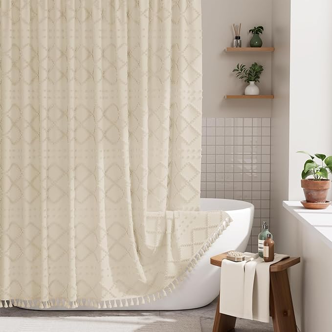 AmazerBath Boho Farmhouse Shower Curtain with Tassels, Soft Cloth Chevron Beige Shower Curtain Set, Fabric Diamond Stripes Rustic Shower Curtain with Hooks, Hotel Quality, 72x72 Inches