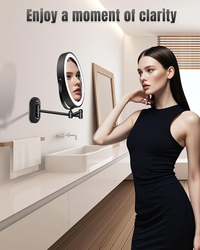 30X/1X 8 Inch Wall Mounted Magnifying Makeup Mirror with Light for Bathroom | 3500mAh Double Sided Rechargeable LED Lighted Vanity Mirror with Magnification 3 Color Light up Extended Arm 360 Rotation