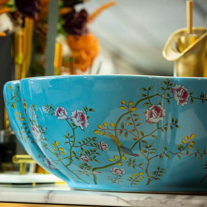 Ceramic Bathroom Vessel Sinks American Style Blue White Countertop Sink Bowl with Flower Bird Pattern without Faucet,Dia.16.4x"H5.9" Size
