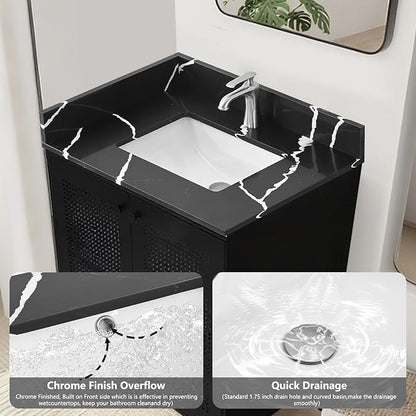 30 in. W x 22 in D Quartz Vanity Top in Black Marquina,with One Sidesplash & One Backsplash, Vanity Sink Top with Assembled Single Drop-in Sink, Pre-Drilled Single Faucet Hole Countertop